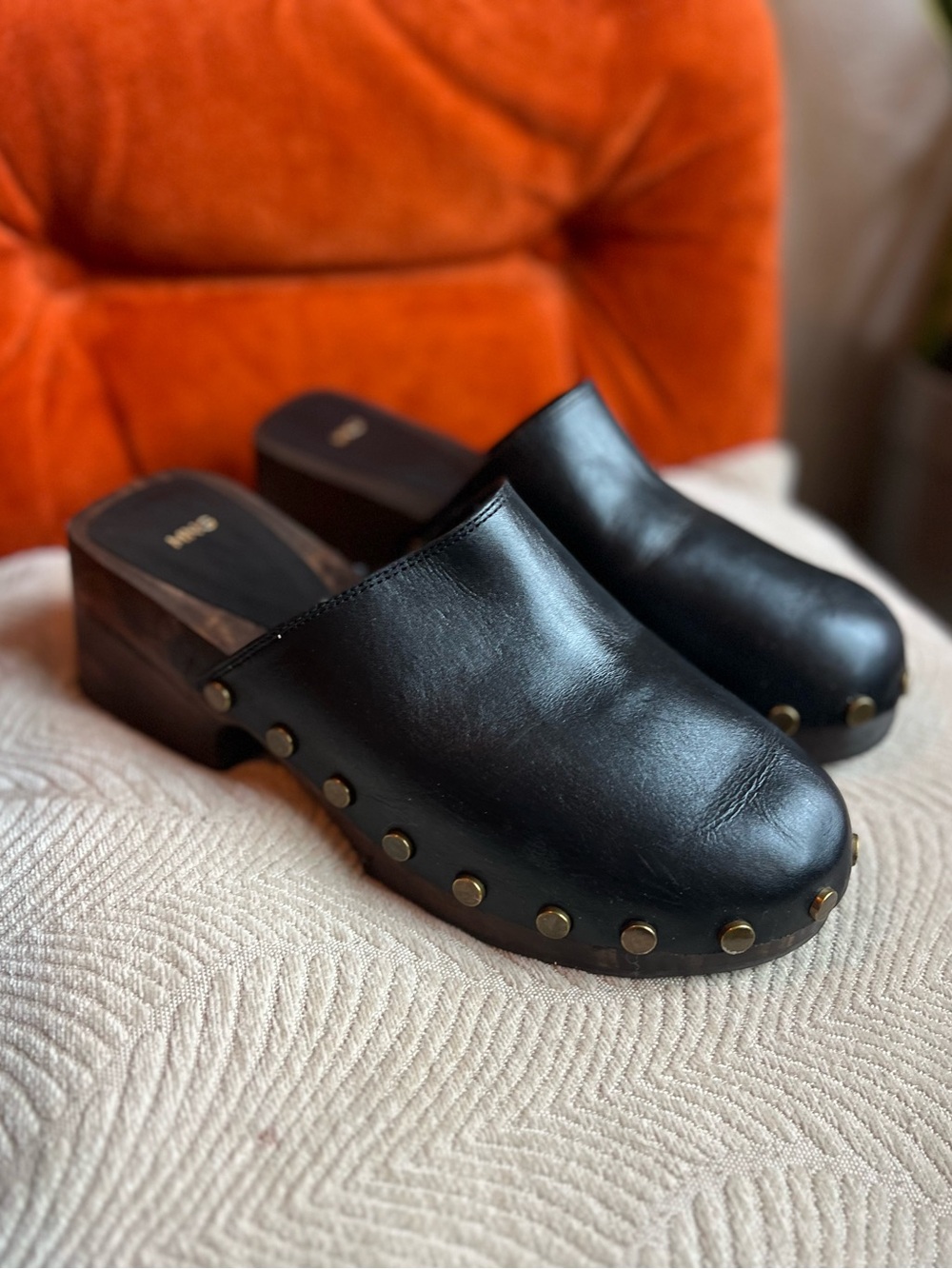 MANGO Black Leather Platform Clogs Mules Studded Chunky Heel EU 40 US 9